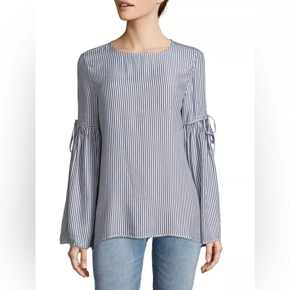Beachlunchlounge Striped Bell Sleeve Boho Popover Blouse Women's Medium Blue